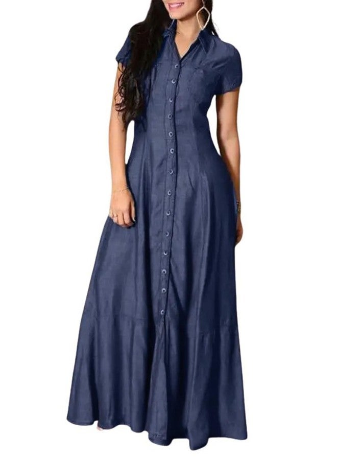 utcoco Womens Short Sleeve Denim Maxi Dress Casual Loose Fit Button Down Long Jean Dresses (X-Large, Dark Blue) - Image 1